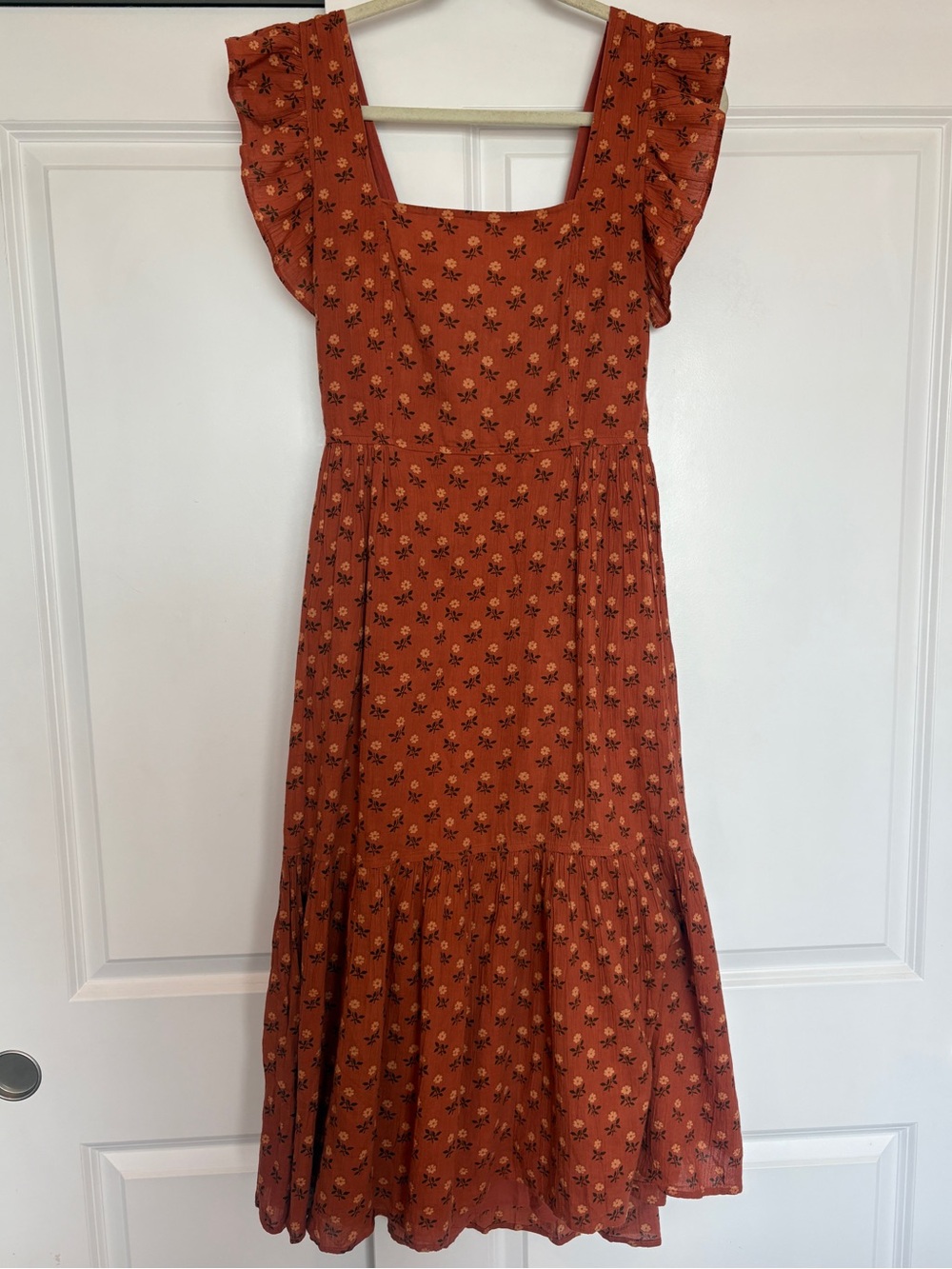 Madewell Rust Orange Floral Square-Neck Midi Dress